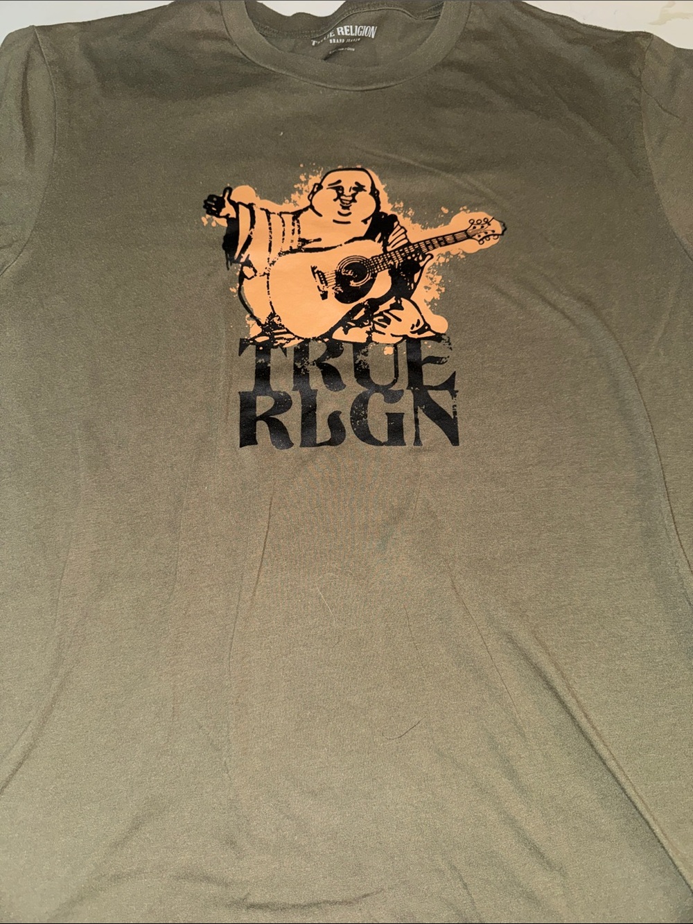 True Religion Olive Green Tee with Orange and Black Graphic